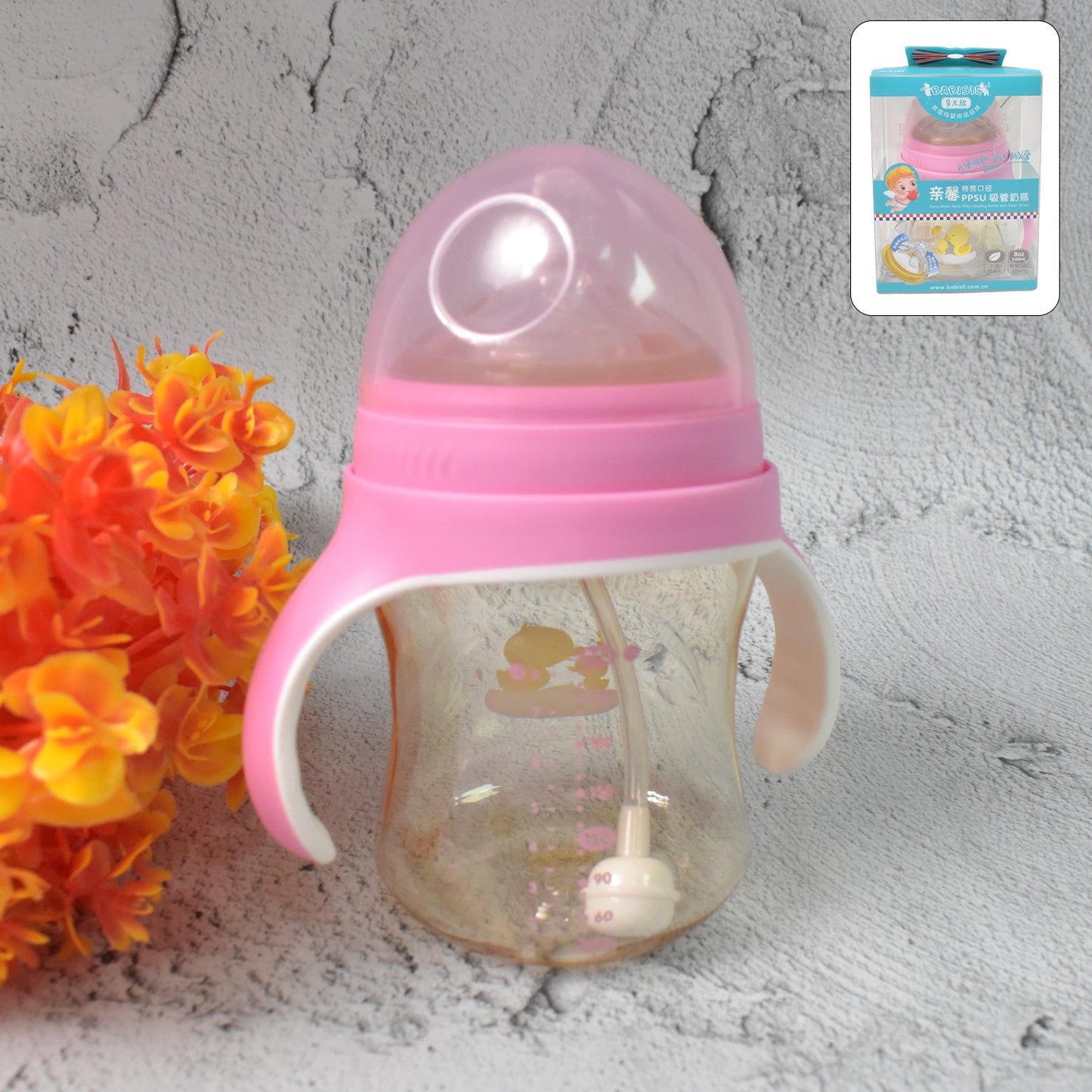 Wukusy plastic baby feeding bottle with handles, cleaning brush, and straw, 240 ml, for baby care, with colorful design.