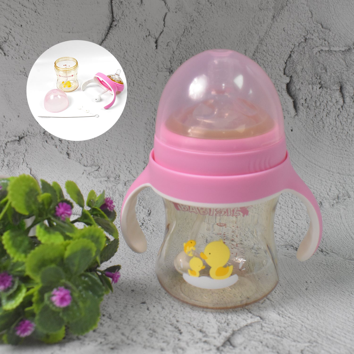 Wukusy plastic baby feeding bottle with handles, cleaning brush, and straw, 240 ml, for baby care.
