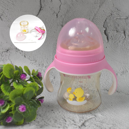 Wukusy plastic baby feeding bottle with handles, cleaning brush, and straw, 240 ml, for baby care.