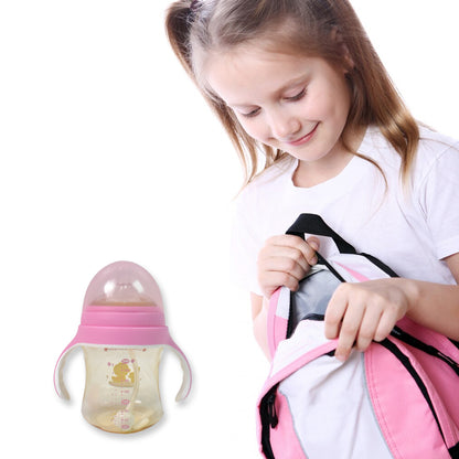 Wukusy plastic baby feeding bottle with handles, cleaning brush, straw, 240ml, designed for infant feeding and easy cleaning.