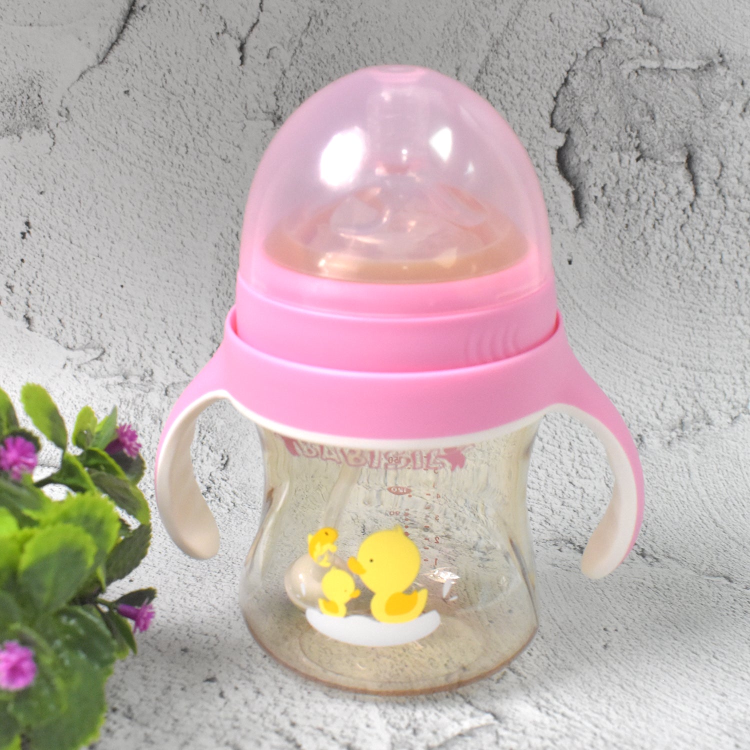 Plastic Wukusy baby feeding bottle with handles, cleaning brush, straw, and 240ml capacity for infant feeding.