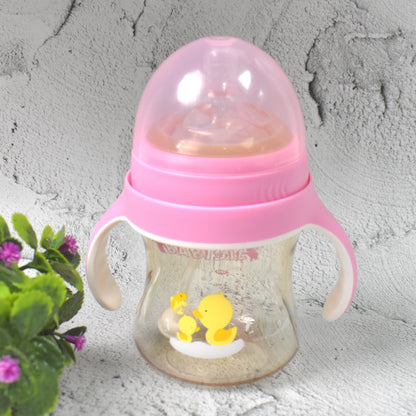 Plastic Wukusy baby feeding bottle with handles, cleaning brush, straw, and 240ml capacity for infant feeding.