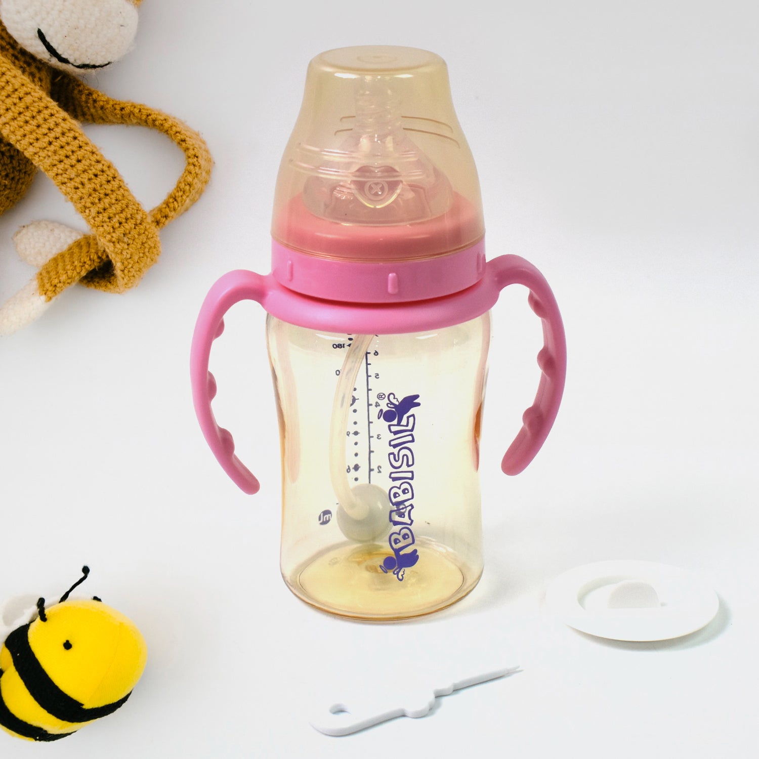 Wukusy plastic baby feeding bottle with handles and straw, 220 ml, for easy feeding and grip for infants.