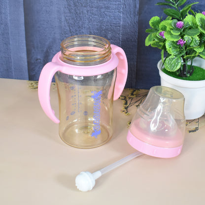 Wukusy plastic baby feeding bottle with handles and straw, 220 ml, suitable for infants, designed for easy grip and feeding.