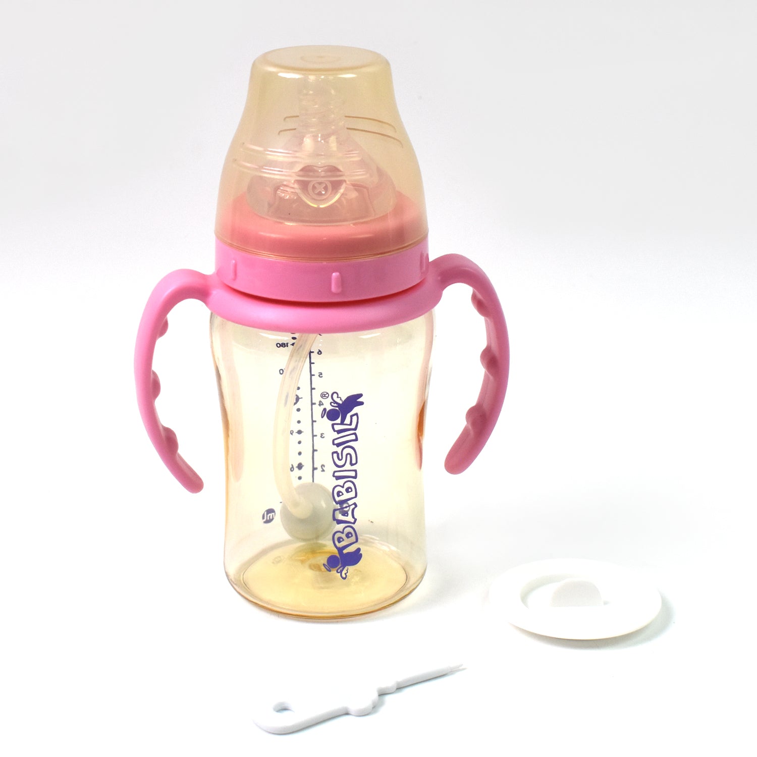 Wukusy plastic baby feeding bottle with handles and straw, 220 ml, designed for easy feeding and grip for infants.