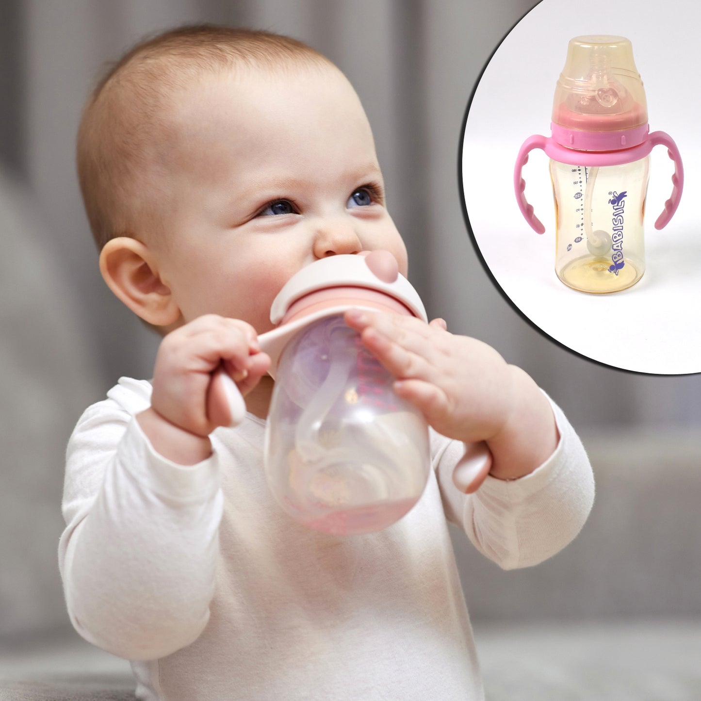 Wukusy plastic baby feeding bottle with handles and straw, 220 ml, designed for easy grip and feeding for infants.