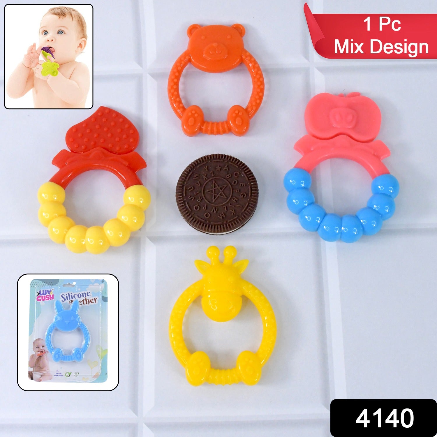 Silicone baby teething toy from Wukusy with colorful, mixed design for soothing and teething relief for infants.