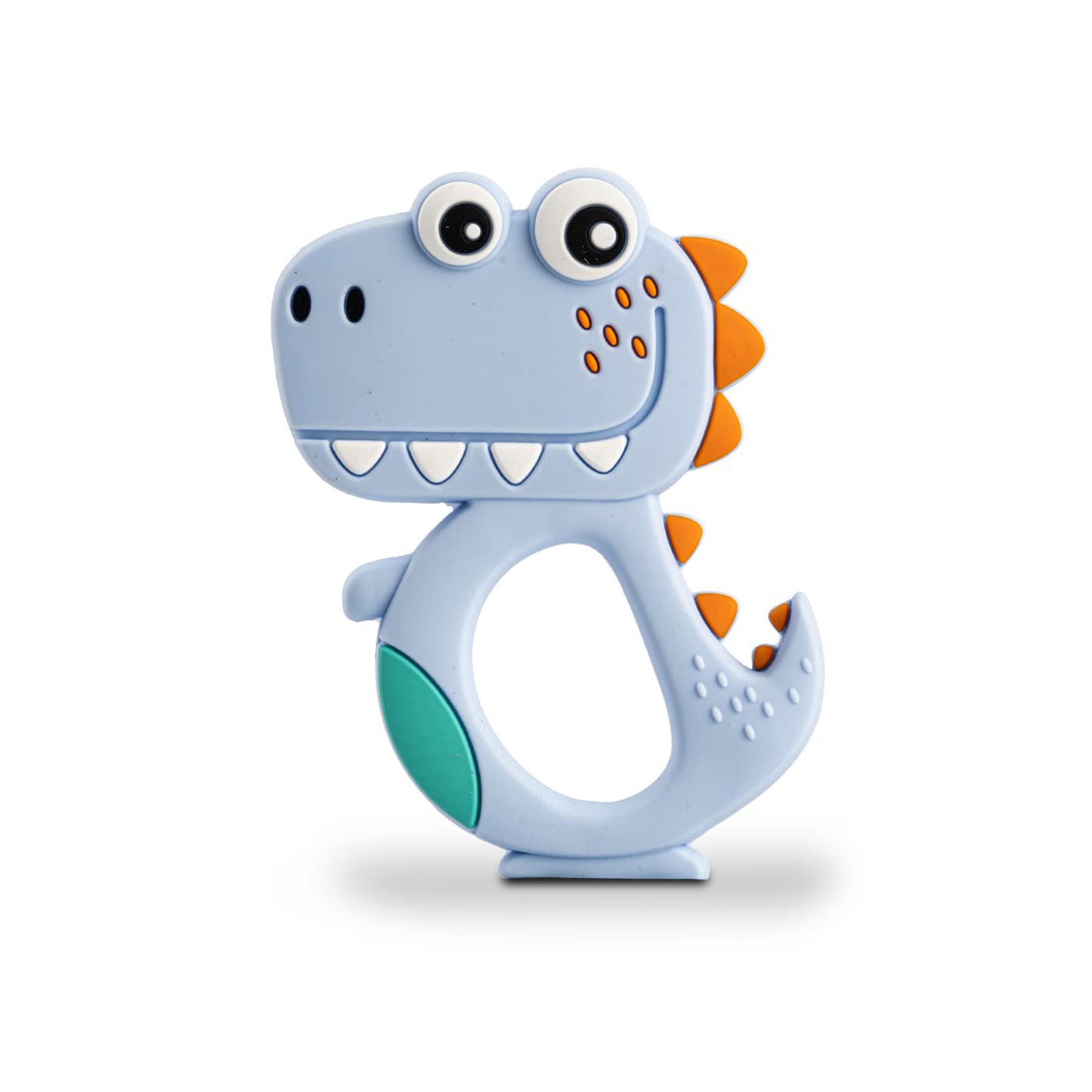 Wukusy silicone dinosaur teether for babies, featuring a mix of colorful dinosaur designs, safe for soothing teething discomfort.