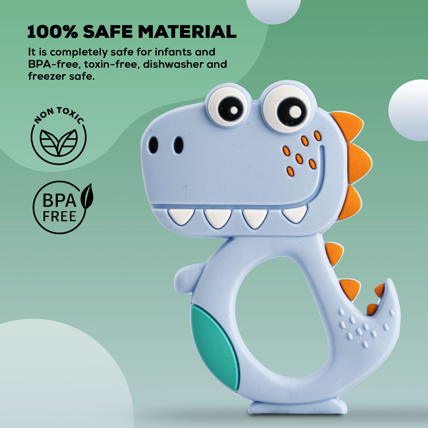 Wukusy silicone dinosaur teether for babies, featuring a mix of colorful dinosaur designs in a single piece.