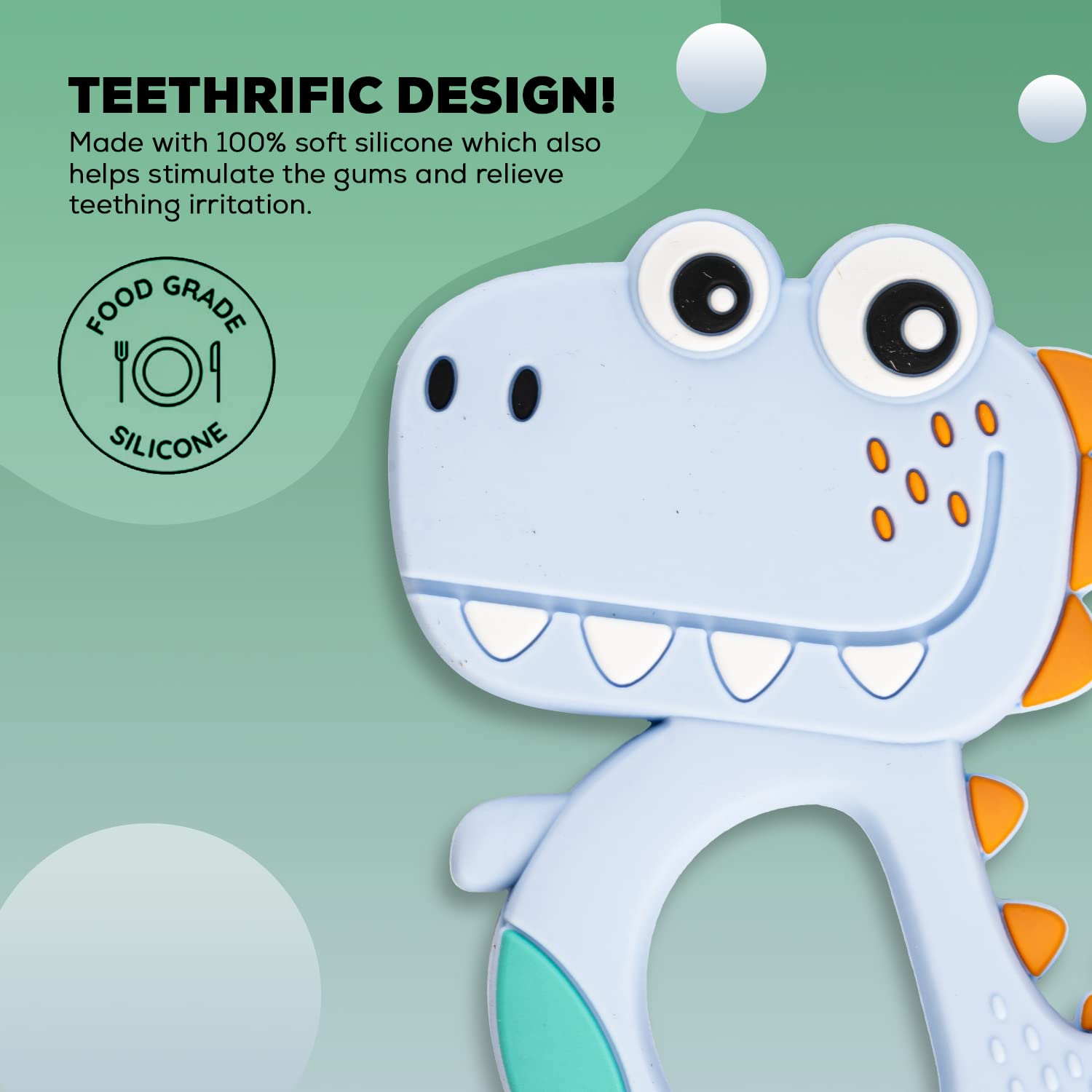 Silicone dinosaur teether for babies by Wukusy, colorful mix design, soft and safe for soothing teething discomfort.