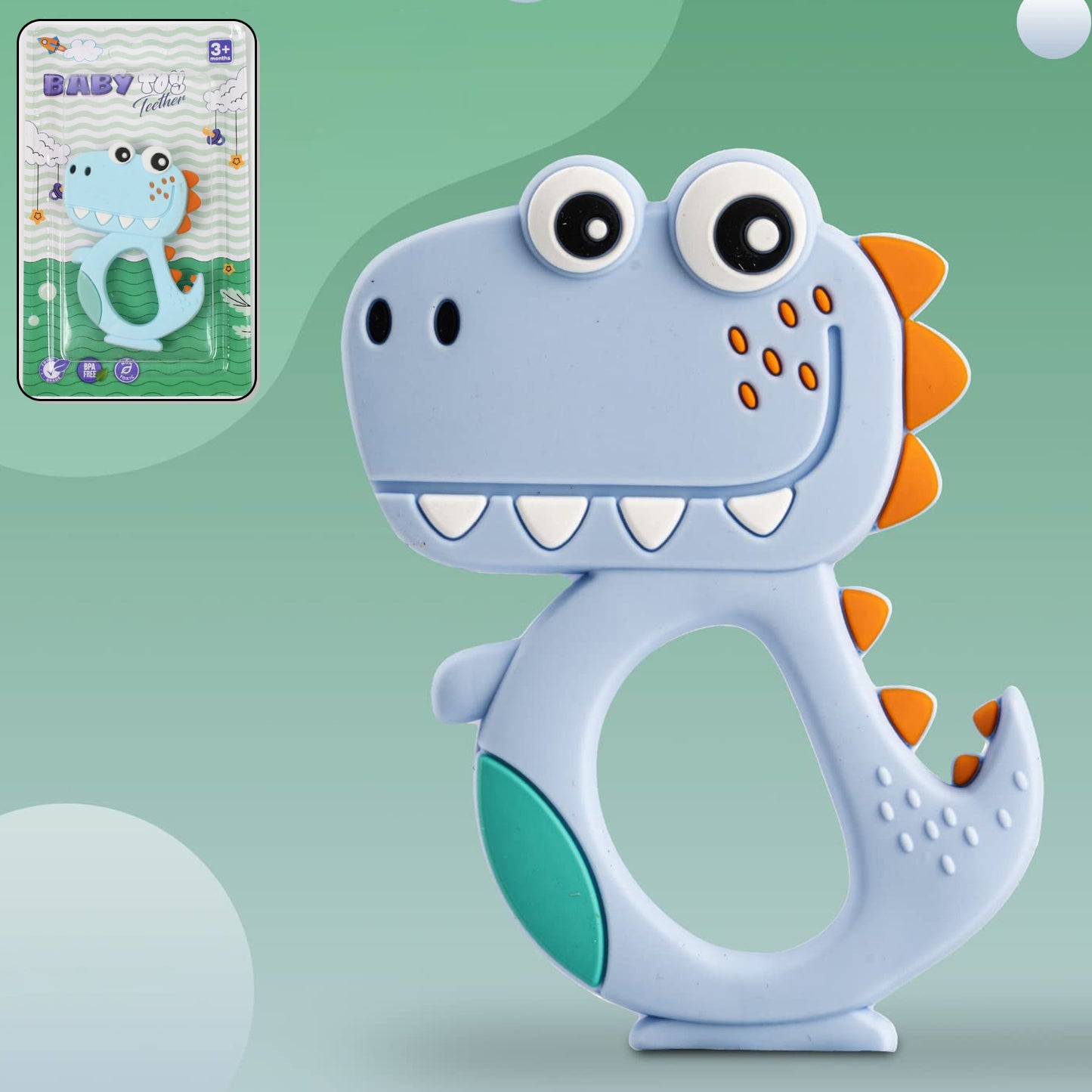 Wukusy silicone dinosaur teether for babies, featuring a mix of colorful dinosaur designs for soothing teething relief.