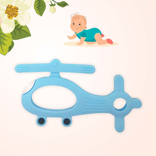 Colorful silicone helicopter-shaped teether for babies, designed by Wukusy, made for soothing and teething relief.
