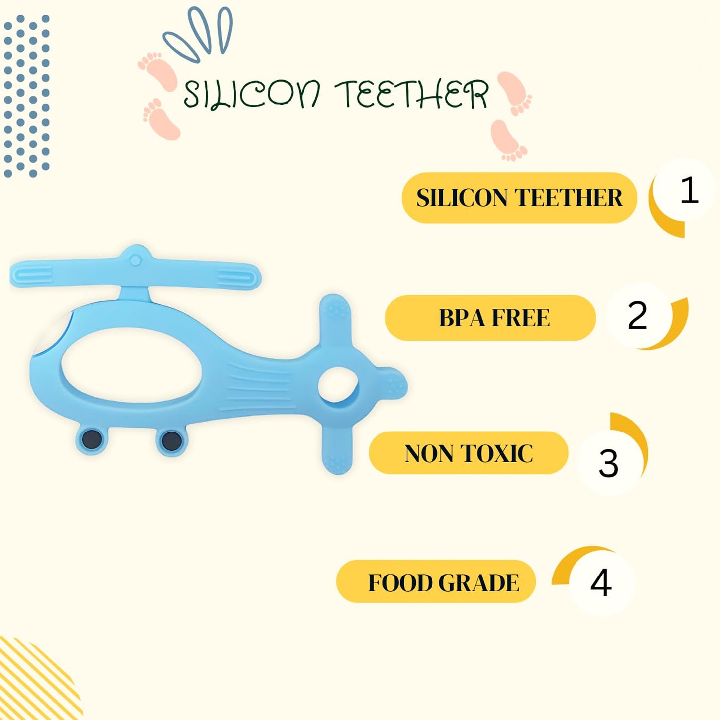 Colorful silicone helicopter-shaped baby teether by Wukusy, designed for soothing gums and teething relief for infants.