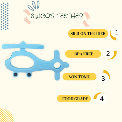 Colorful silicone helicopter-shaped baby teether by Wukusy, designed for soothing gums and teething relief for infants.