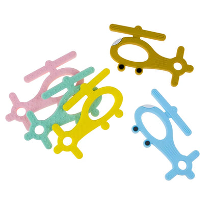 Colorful silicone helicopter-shaped baby teether from Wukusy, designed for soothing gums and easy gripping for infants.