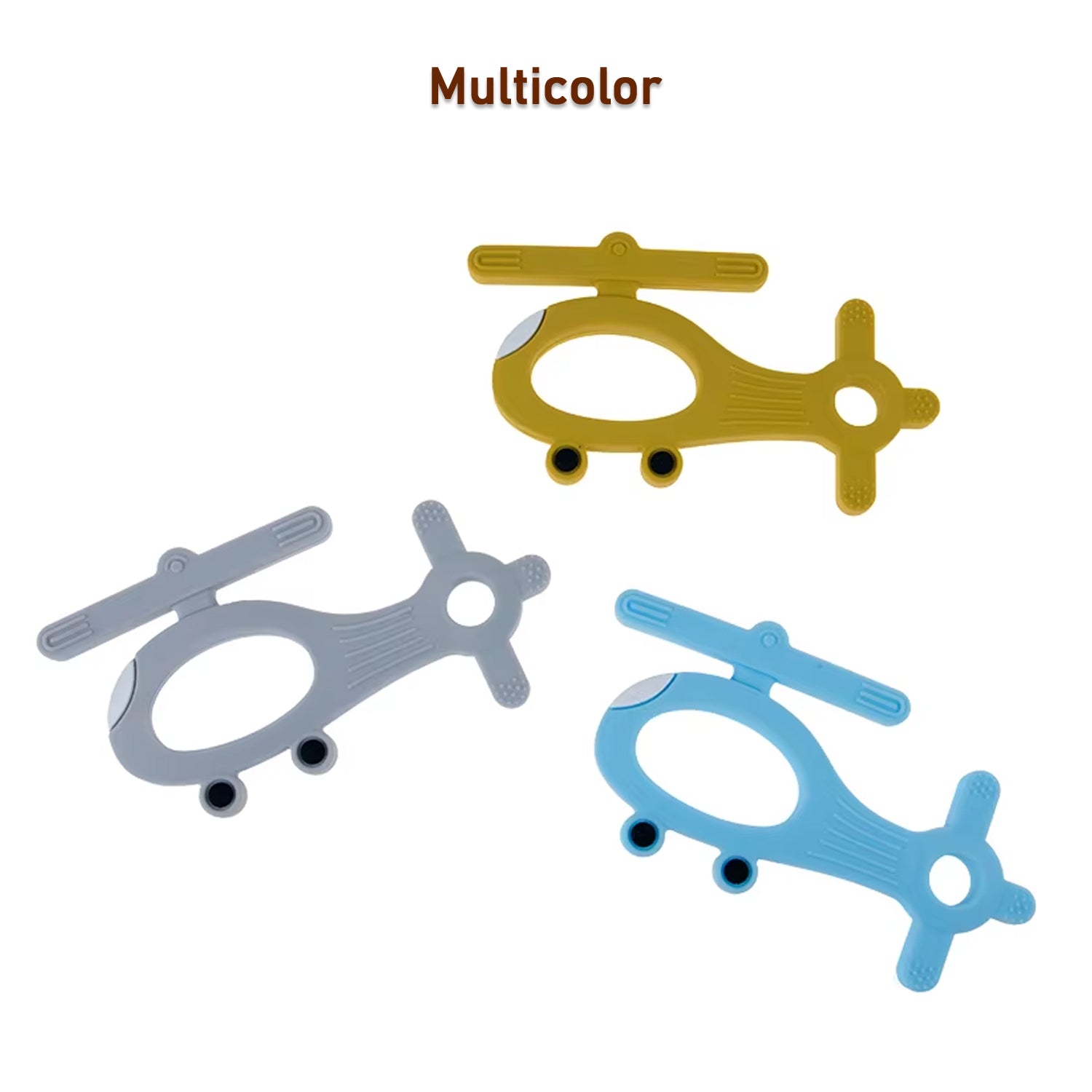Wukusy silicone baby teether shaped like a helicopter in mixed colors, designed for soothing and teething relief for infants.