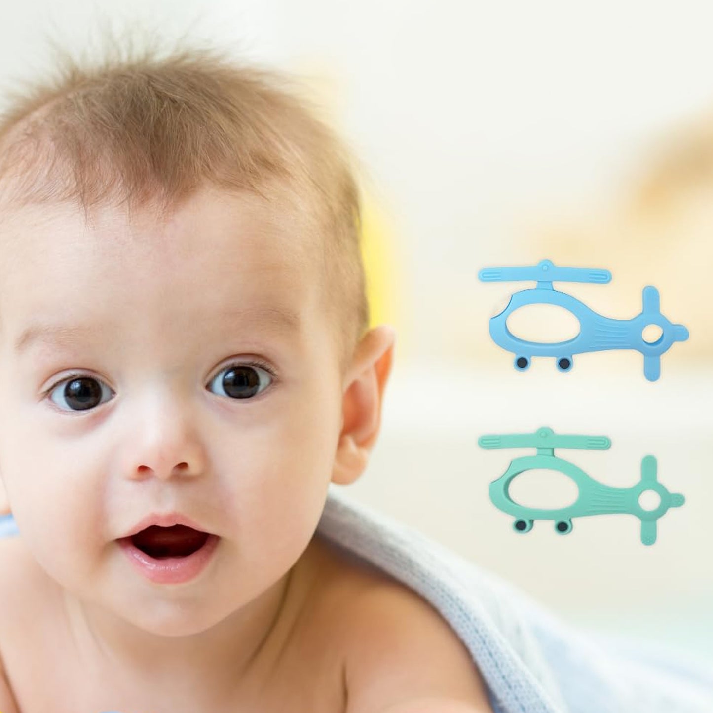 Wukusy silicone helicopter-shaped baby teether in mixed colors, designed for soothing and teething relief for infants.