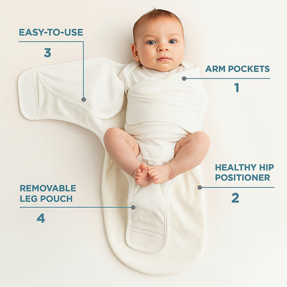 Soft cotton adjustable baby swaddle wrap by Wukusy, designed for newborns, shown wrapped around a sleeping infant.