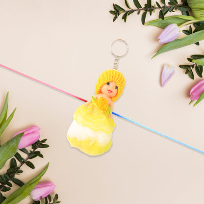 Wukusy 2-in-1 kids doll rakhi and keychain bracelet, soft toy design for Raksha Bandhan, daily use as bag or key ring accessory