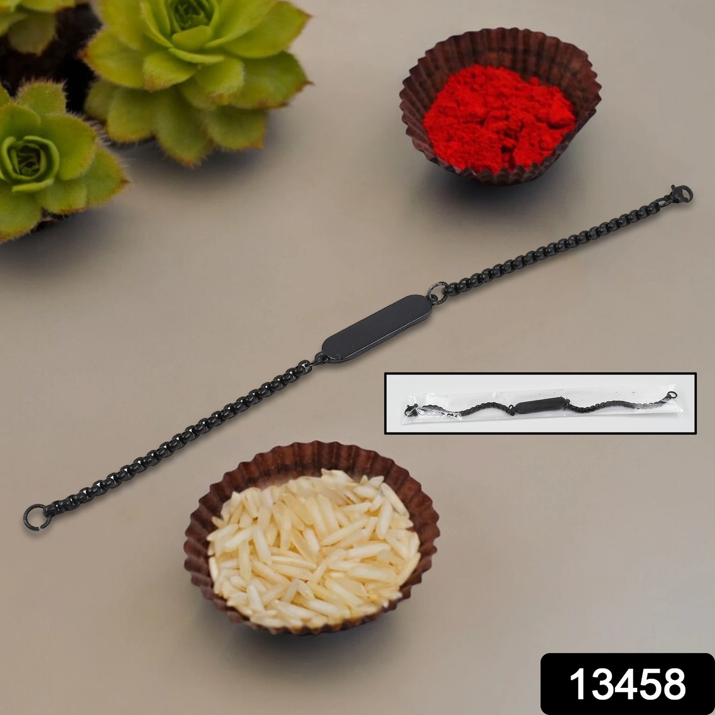 Black Rakhi gift bracelet by Wukusy, stylish and adjustable bracelet featuring intricate design for special occasions.
