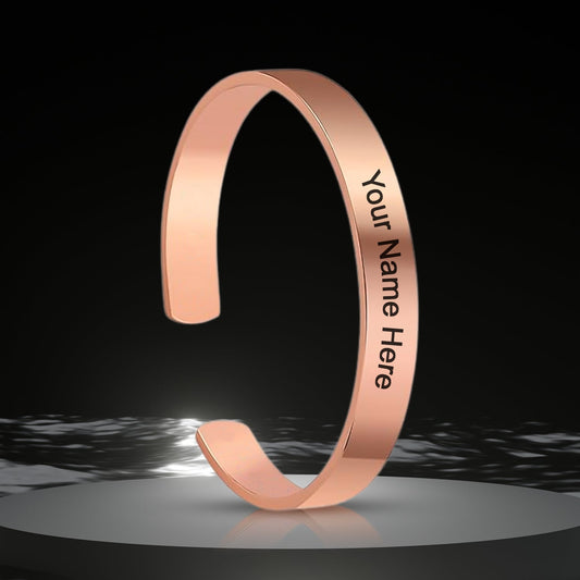 Personalized stylish Kada bracelet in rose gold copper, featuring intricate design, by Wukusy, displayed on a white background.