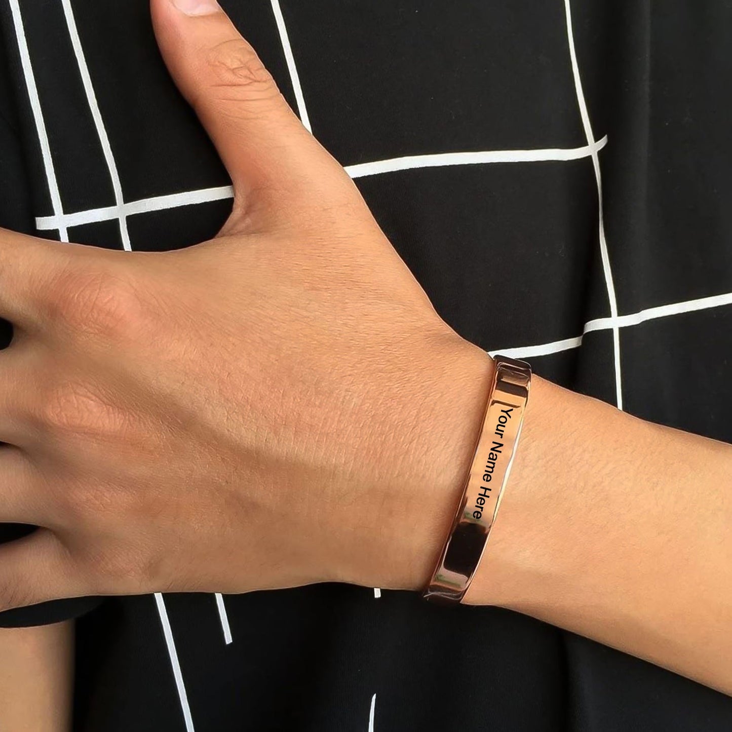 Customized personalized stylish Kada bracelet in rose gold copper with intricate design, featuring a sleek and elegant appearance.