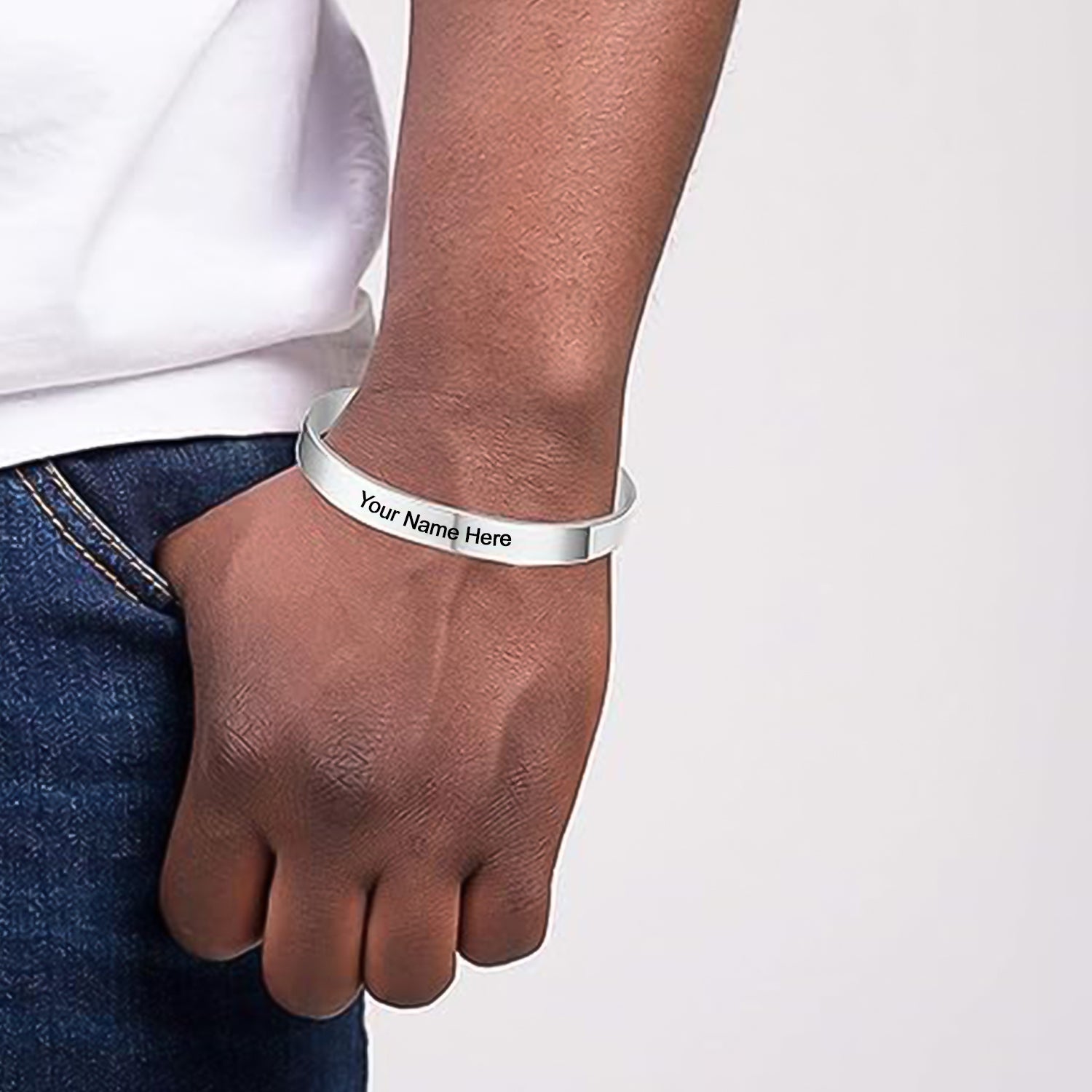 Silver personalized Kada bracelet by Wukusy featuring custom stylish design, perfect for elegant jewelry accessories.