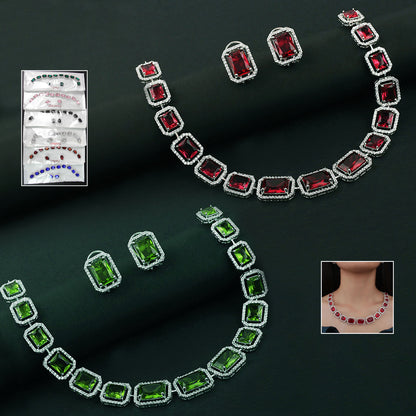 Wukusy diamond necklace and earrings set with colorful gemstone accents, elegant jewelry for special occasions.