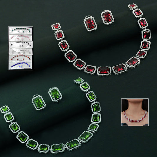 Wukusy diamond necklace and earrings set with colorful gemstone accents, elegant jewelry for special occasions.