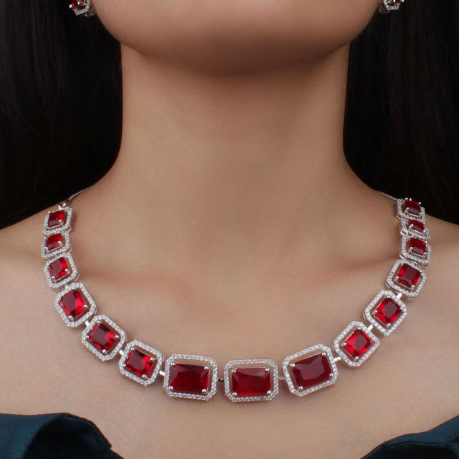 Wukusy diamond necklace and earrings set with mixed color gemstones, elegant jewelry for special occasions.