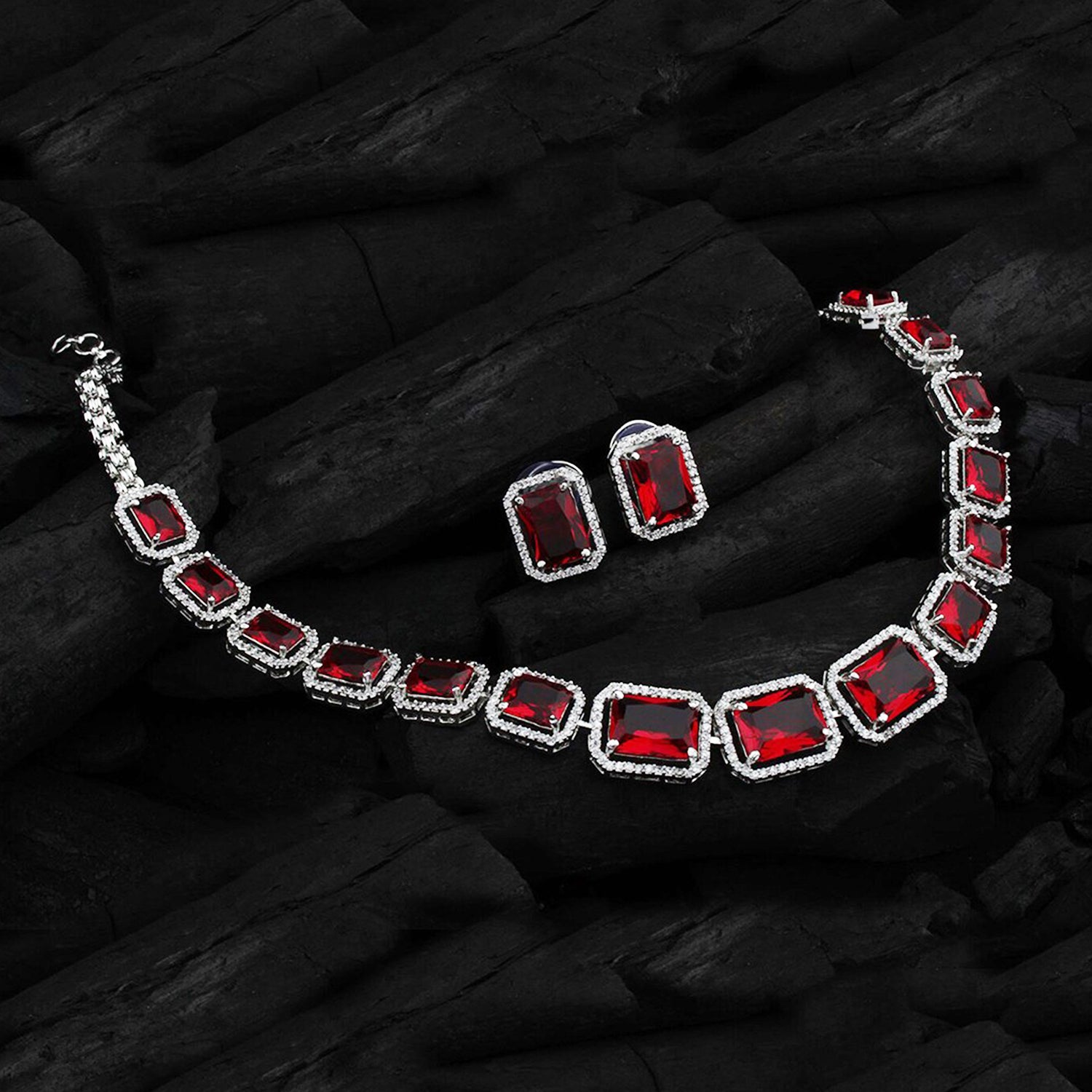 Wukusy diamond necklace and earrings set with mixed color stones, elegant jewelry bracelet pair displayed on a white background.