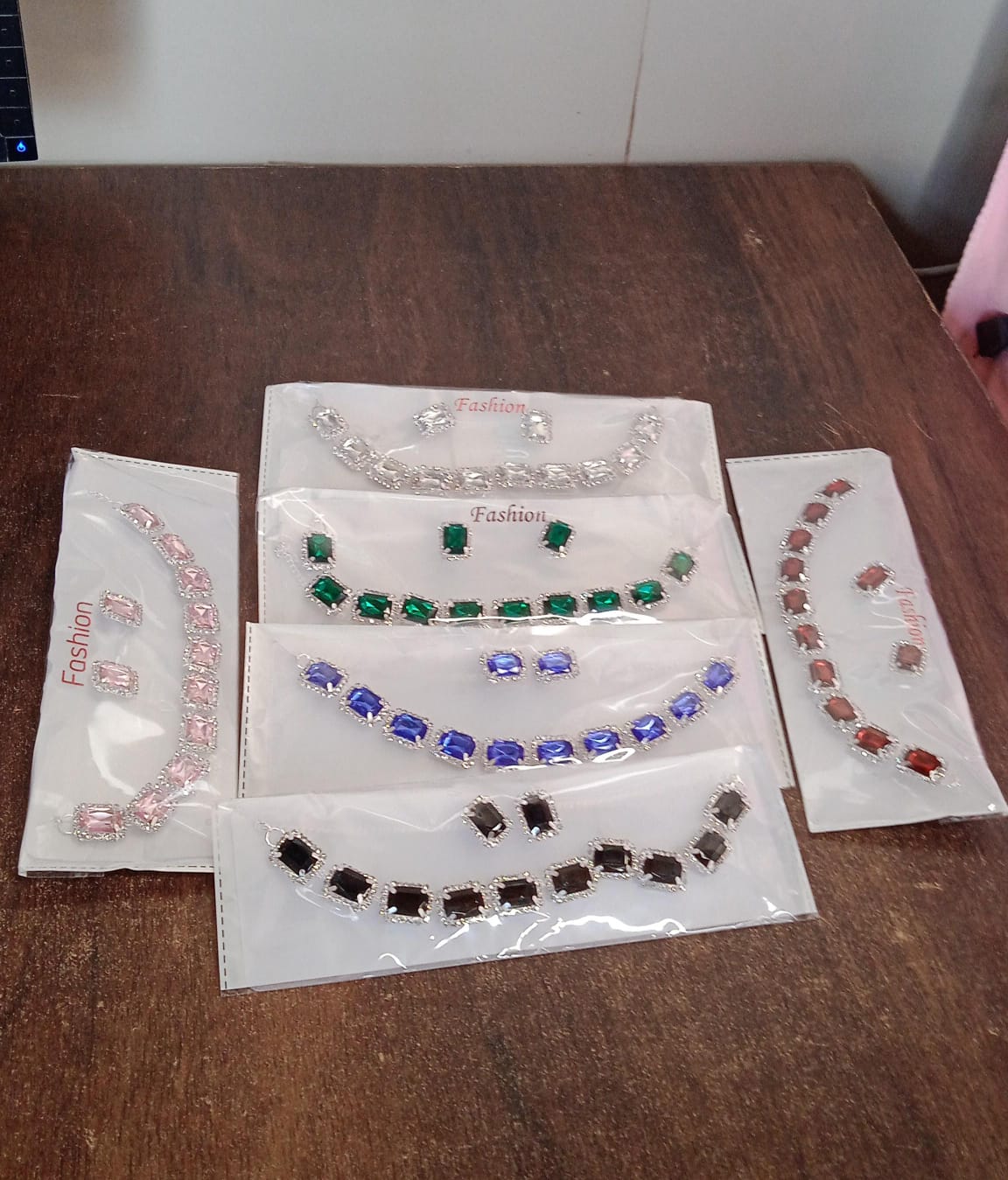Wukusy diamond necklace and earrings set with mixed color gemstones, elegant jewelry for special occasions.