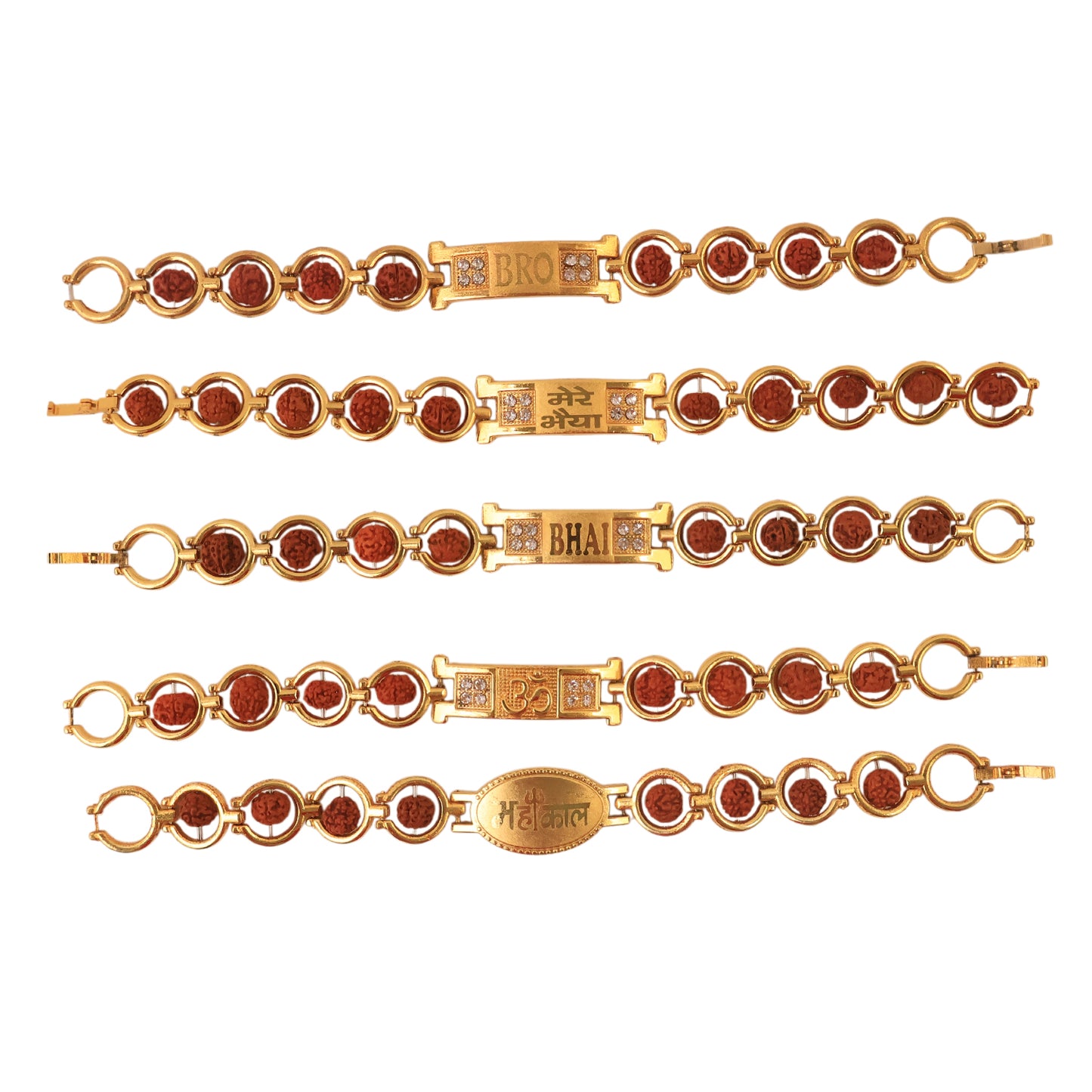 Gold plated designer circular bead bracelet for brother, Wukusy Rakhi, mixed design, close-up of the stylish bracelet on a white background.