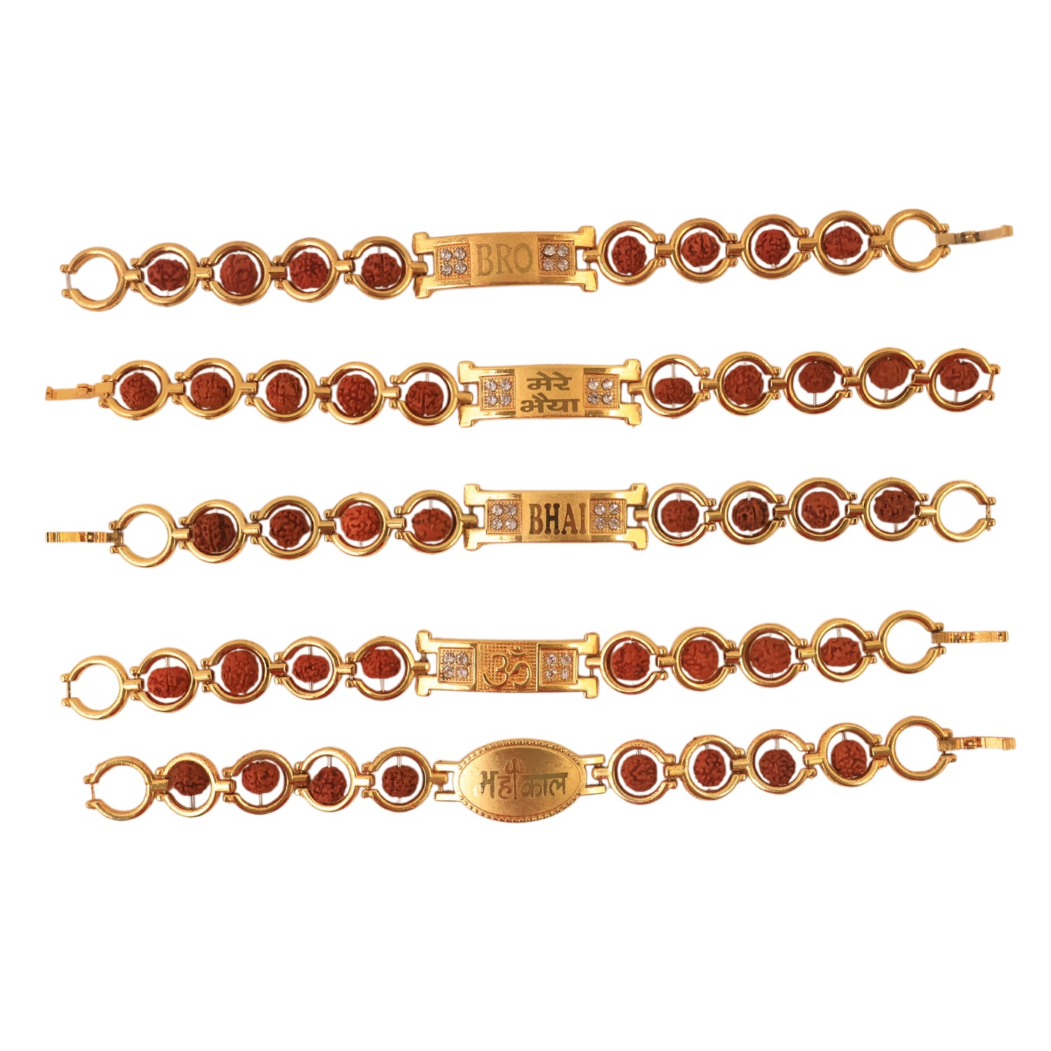 Gold plated designer circular bead bracelet for brother, Wukusy Rakhi, mixed design, close-up of the stylish bracelet on a white background.