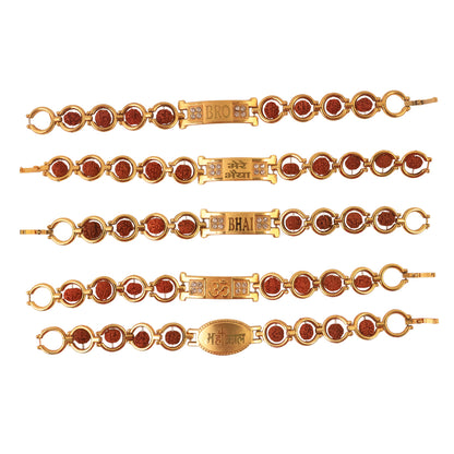 Gold plated designer circular bead bracelet for brother, Wukusy Rakhi, mixed design, close-up of the stylish bracelet on a white background.