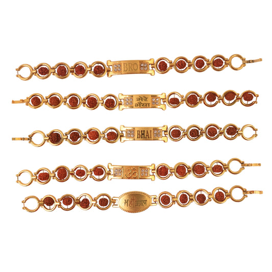Gold plated designer circular bead bracelet for brother, Wukusy Rakhi, mixed design, close-up of the stylish bracelet on a white background.