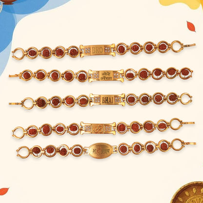 Gold plated designer circular bead bracelet for brother, Wukusy Rakhi with mixed design, stylish bracelet for special occasions.