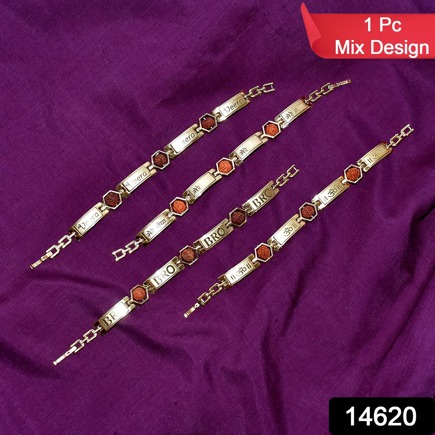 Gold plated hexa bead bracelet Rakhi for brother by Wukusy, featuring a stylish and decorative design for festive occasions.