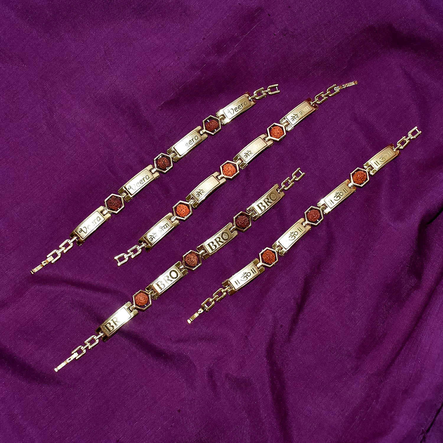 Gold plated hexa bead bracelet Rakhi for brother by Wukusy, featuring a stylish design and adjustable fit.