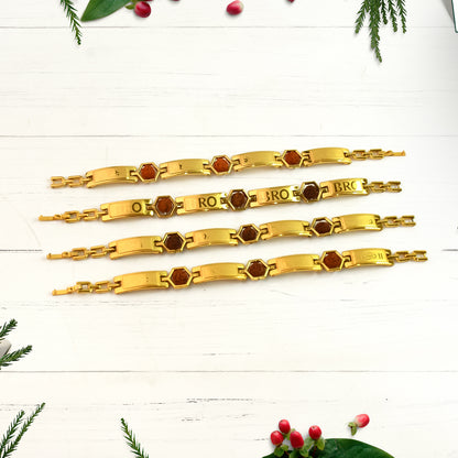 Gold plated hexa bead bracelet Rakhi for brother by Wukusy, featuring a stylish beaded design on a bracelet.