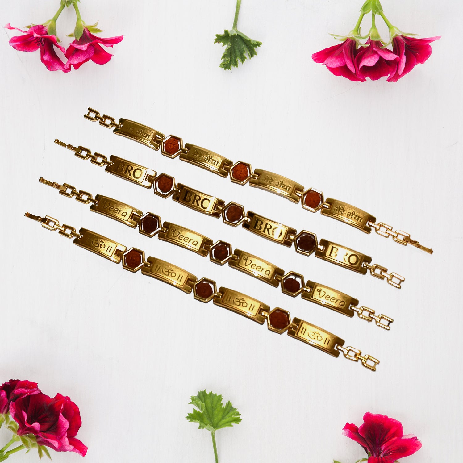Gold plated hexa bead bracelet rakhi for brother by Wukusy, featuring a stylish design and intricate beaded detail.