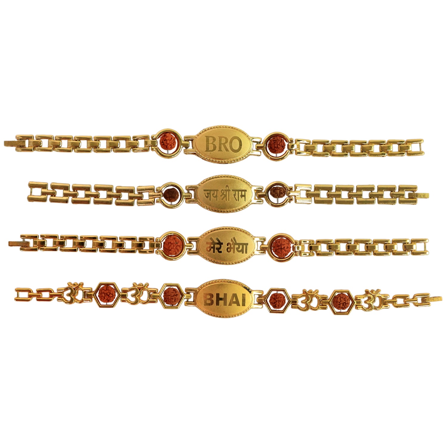 Gold plated metal bracelet rakhi for brother by Wukusy, featuring intricate design and traditional style in a single piece.