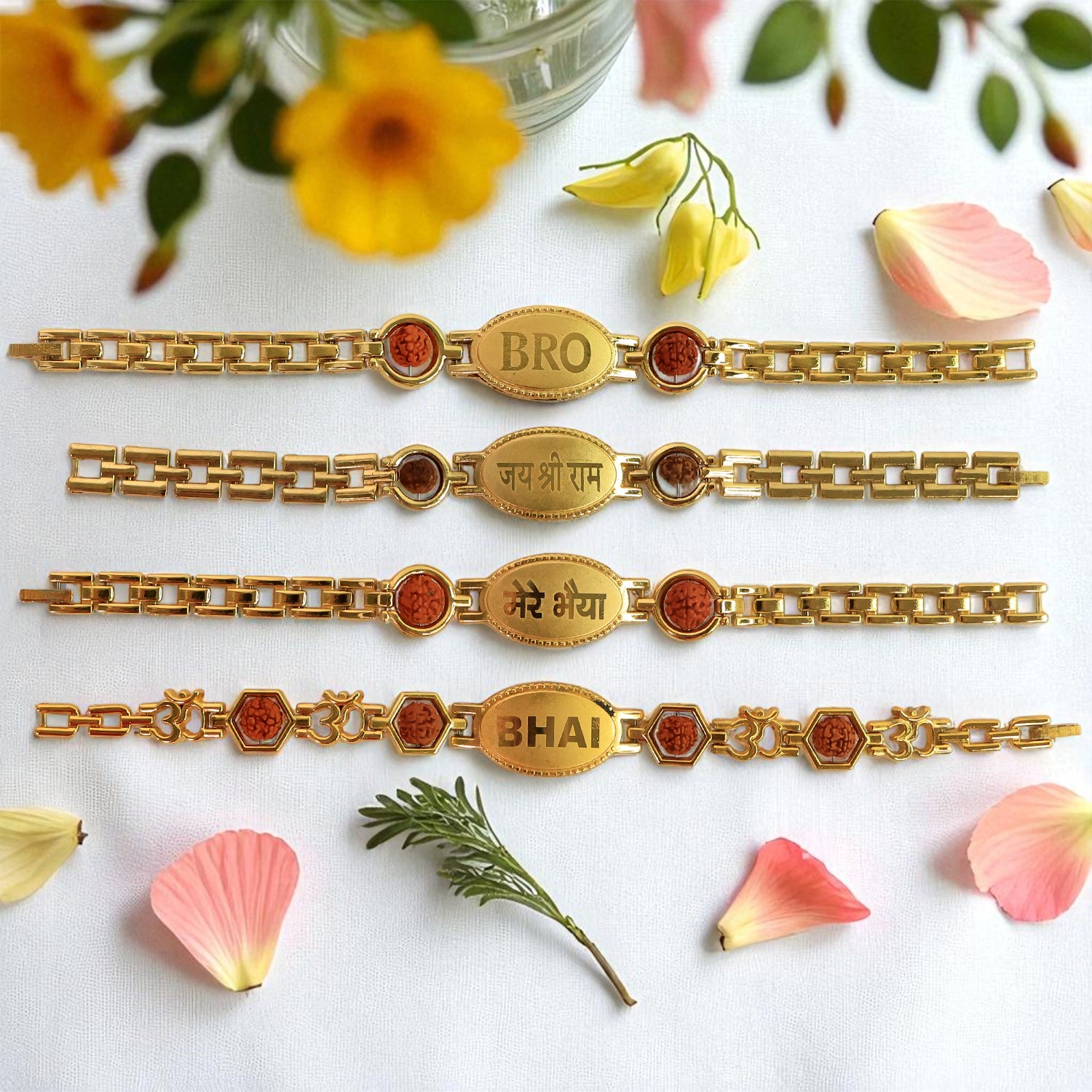 Gold plated metal bracelet rakhi for brother from Wukusy, featuring intricate design and traditional style.