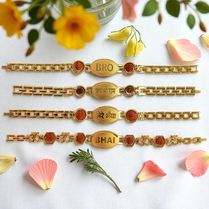Gold plated metal bracelet rakhi for brother from Wukusy, featuring intricate design and traditional style.