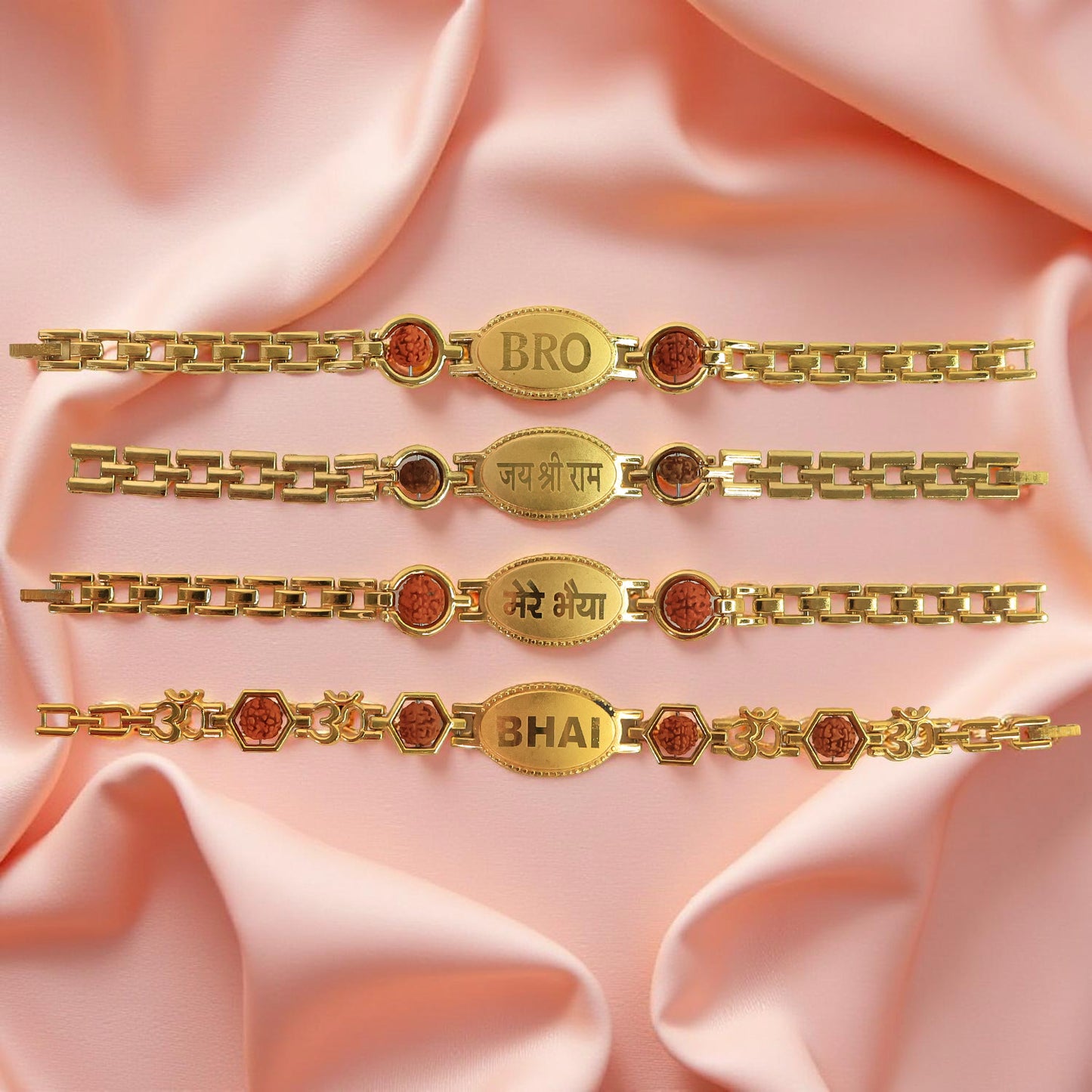 Gold plated metal bracelet rakhi for brother by Wukusy, featuring intricate design and traditional style in a single-piece bracelet.