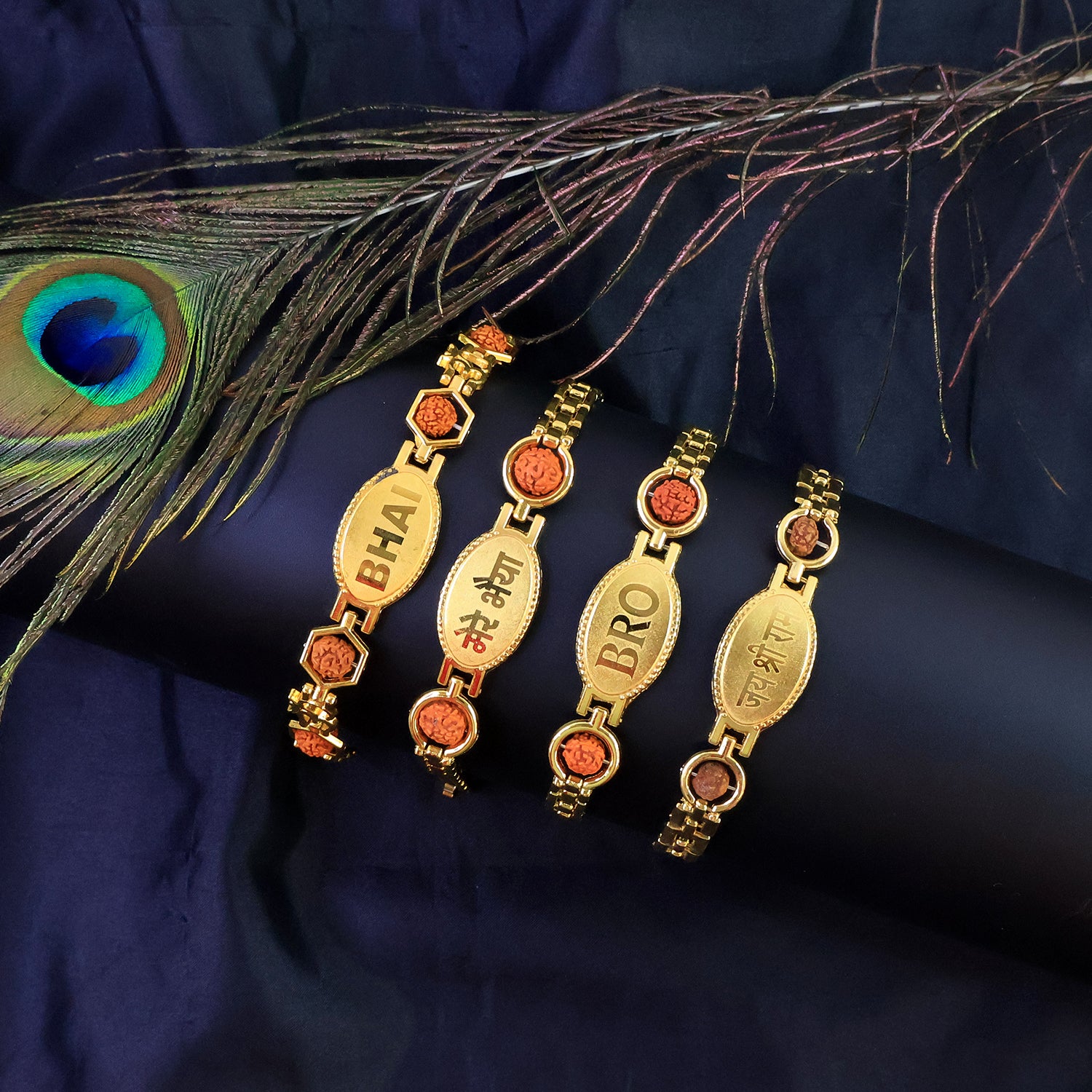 Gold plated metal bracelet rakhi for brother, stylish Wukusy bracelet with intricate design, ideal for festive celebrations.