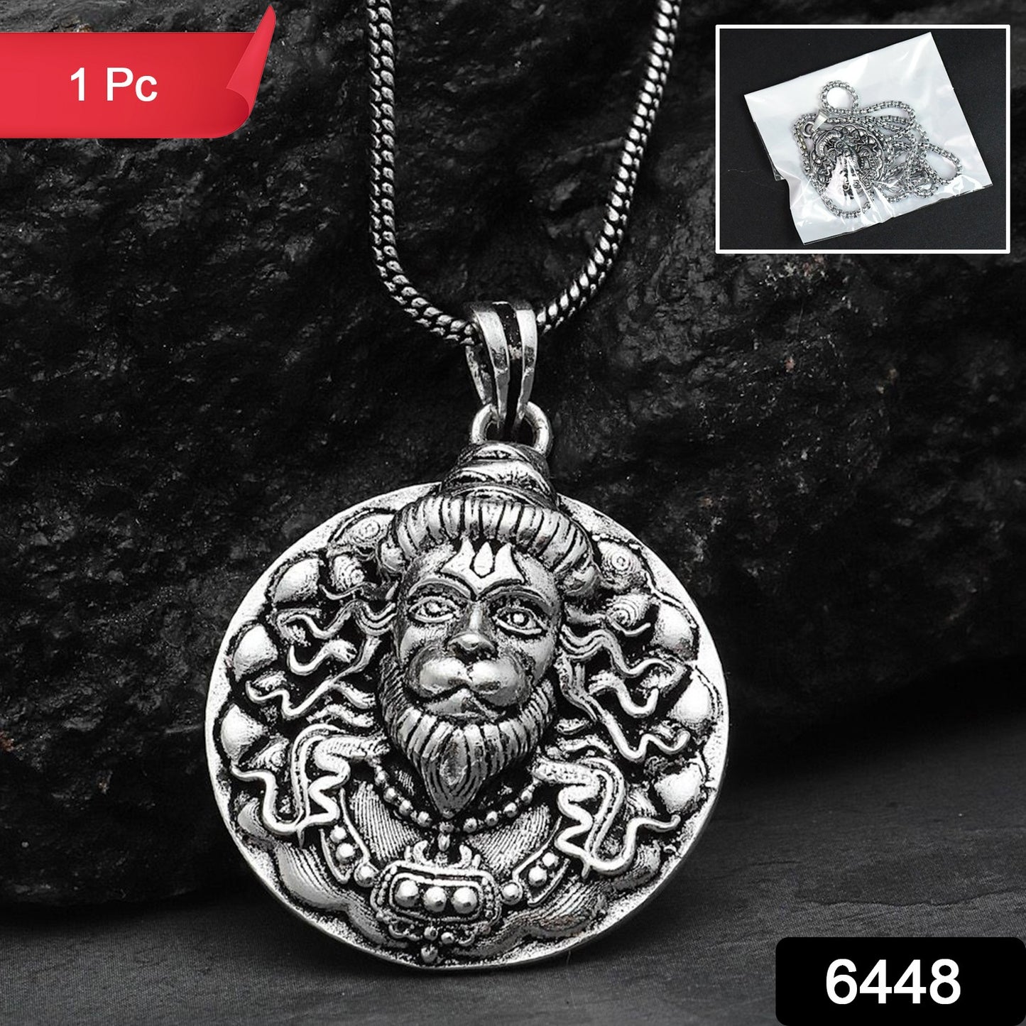 Wukusy Hanuman face pendant necklace with chain, featuring a detailed brass bracelet with sacred deity design.