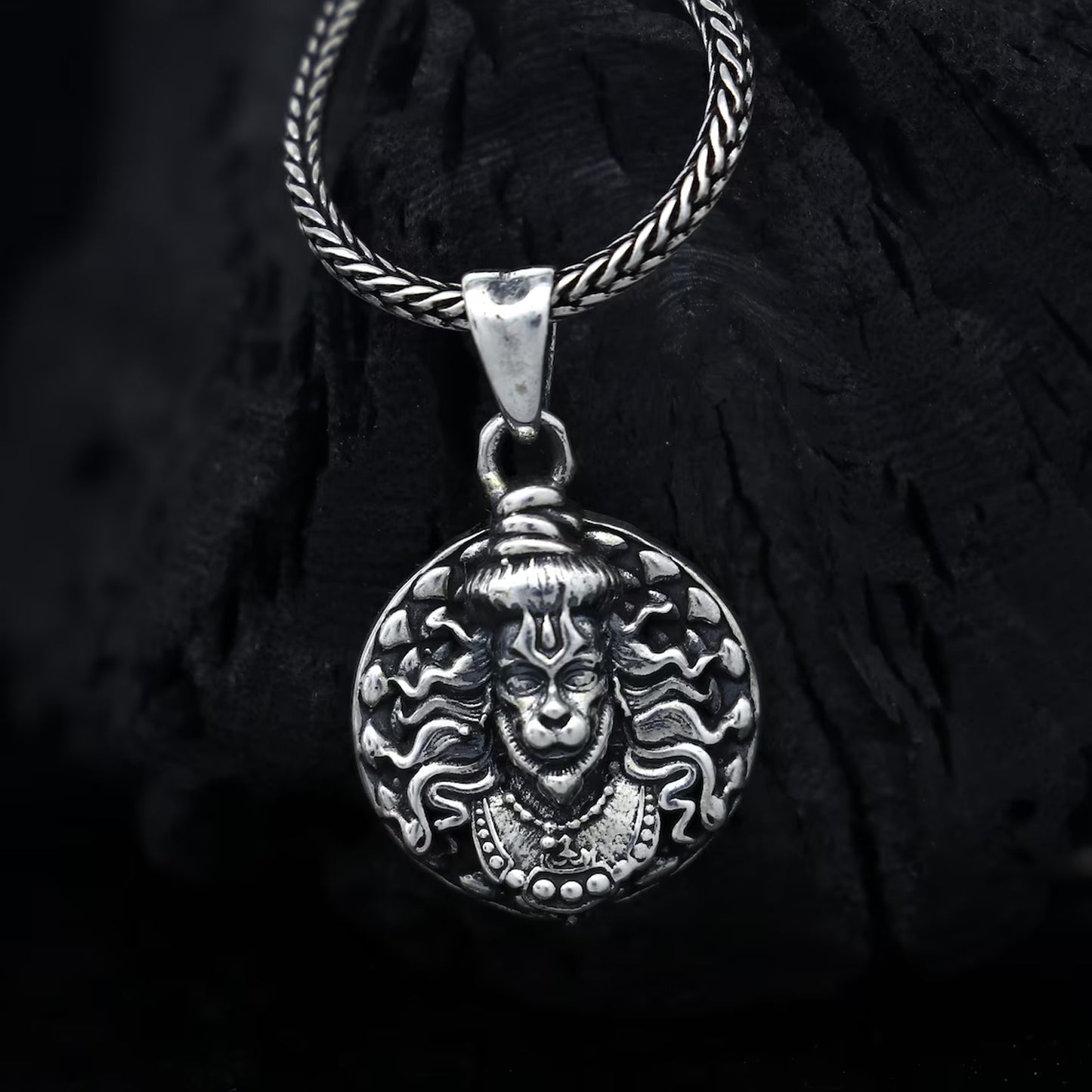 Wukusy Hanuman face pendant necklace with chain, featuring a detailed Hanuman face facelocket on a metal chain.