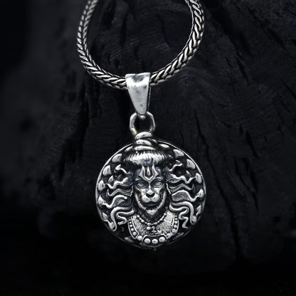 Wukusy Hanuman face pendant necklace with chain, featuring a detailed Hanuman face facelocket on a metal chain.