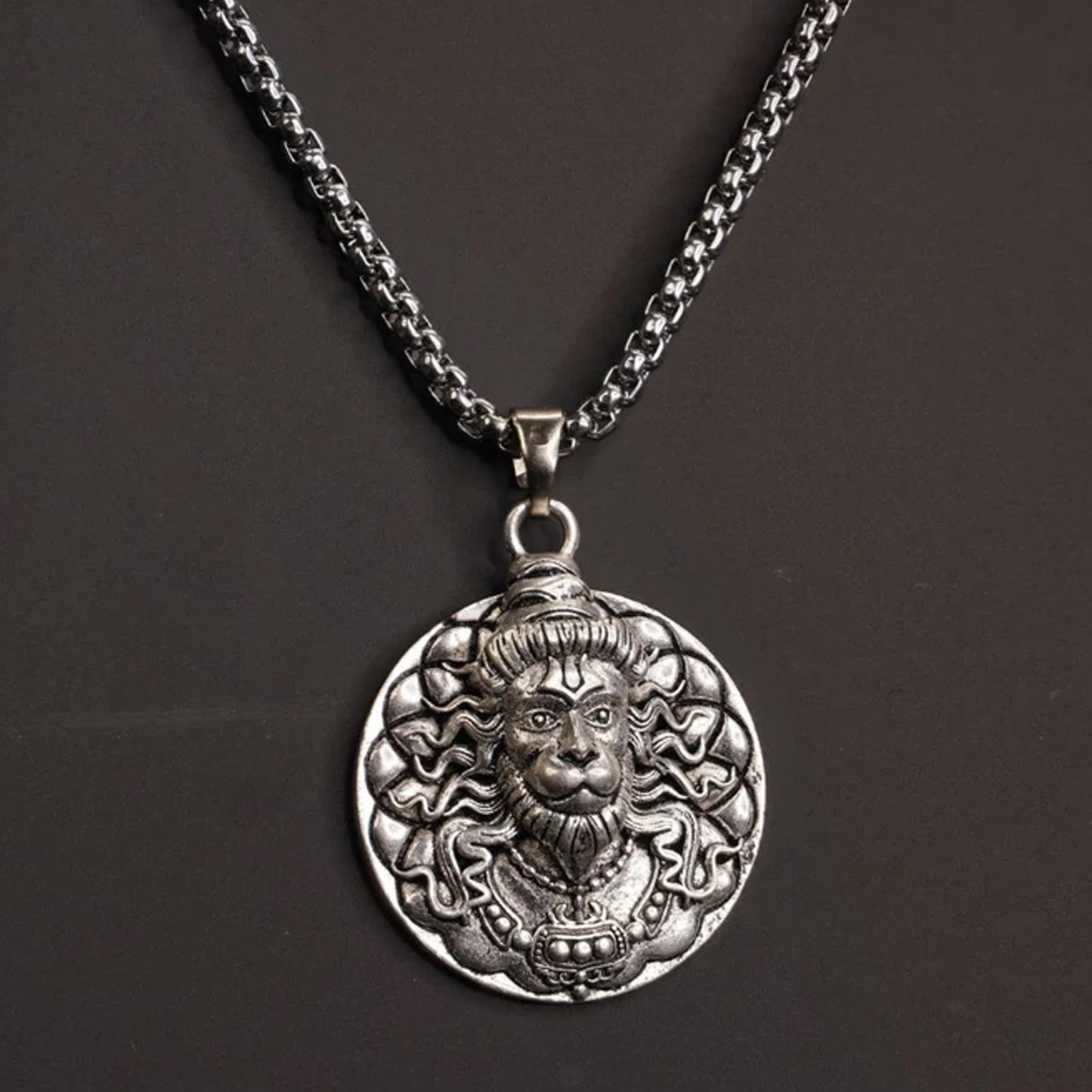Wukusy Hanuman face locket pendant on chain bracelet, detailed metal design with religious symbol, adjustable chain, 1-piece.
